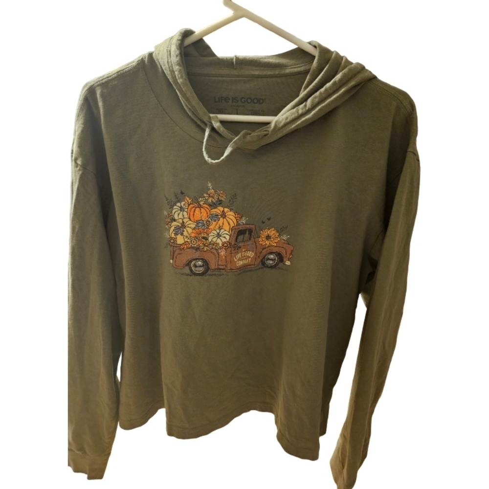 👕 Life is Good. Women's L/S Fall Flowers & Pumpkins Pickup Crusher Tee Green LG